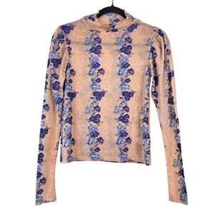 Free People Amber Semi Sheer Floral Print Mock Neck Top Womens Sz XS Boho Retro
